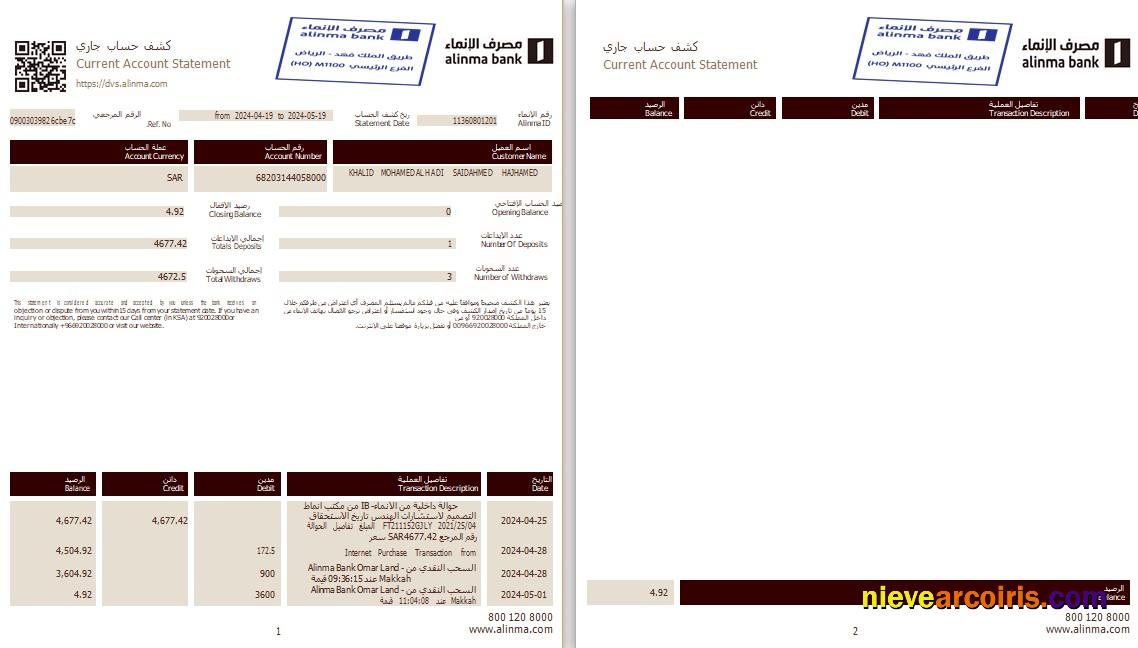 Saudi Arabia Alinma bank statement 3 – 6 months Word and PDF example, 2 pages